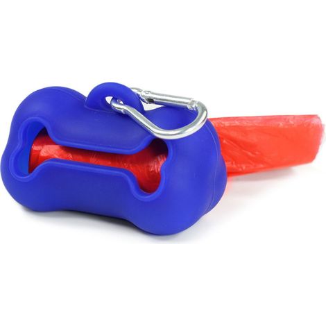 Dispenser in silicone a forma di osso blu con rotolo per cani