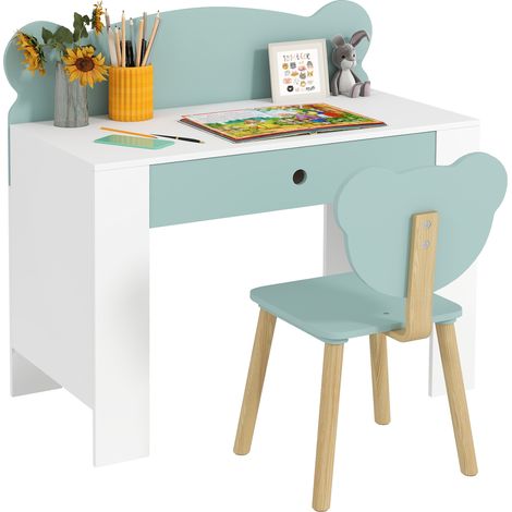 Kinderschreibtisch mit Stuhl, Kindertisch und Stuhl mit Schublade und großer Tischplatte, 80 x 41 x 74,5 cm, grün