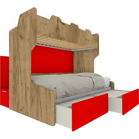 Letto a castello salvaspazio con scala contenitore - 1 Piazza e mezza + singolo - Quercia e Rosso