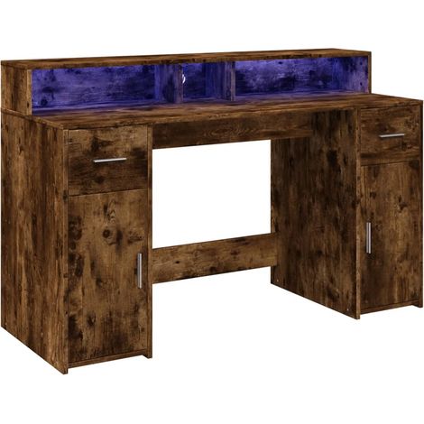 Bureau table poste de travail meuble d'ordinateur informatique étude et lumières LED chêne fumé 140 x 55 x 91cm bois d'ingénierie brun