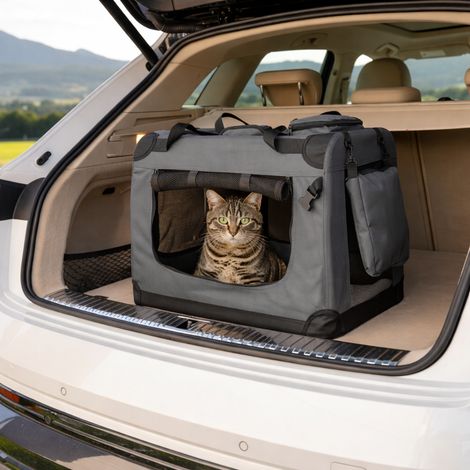 belviona Katzentransportbox, leichte & stabile Transporttasche Katzen, faltbar mit Mesh-Fenstern, Innenkissen & Taschen, 60x42x44 cm, dunkelgrau (1/5)