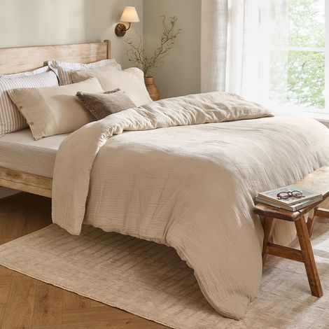 Jeu De Housse De Couette Doux Respirant Double Couche Mousseline Coton Minimaliste Literie Naturel Double 200x200cm (1/4)