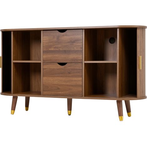 Buffet couleur noyer avec 2 portes coulissantes, 2 tiroirs et angles arrondis (1/5)