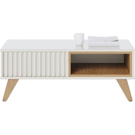 Beaux Meubles Pas Chers – Table basse fixe 2 niches – Pieds en eucalyptus massif – Bois certifié FSC – Finition blanc grisé et chêne – Dimensions L 90.5 H 54 P 35.2 cm (1/5)