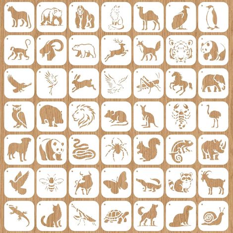 Lot de 49 mini pochoirs muraux réutilisables en PET pour peinture, 10 x 10 cm, chien, oiseau, insecte, lion, panda, petits modèles d'artisanat pour bois, toile, meubles, patio, décoration (1/5)