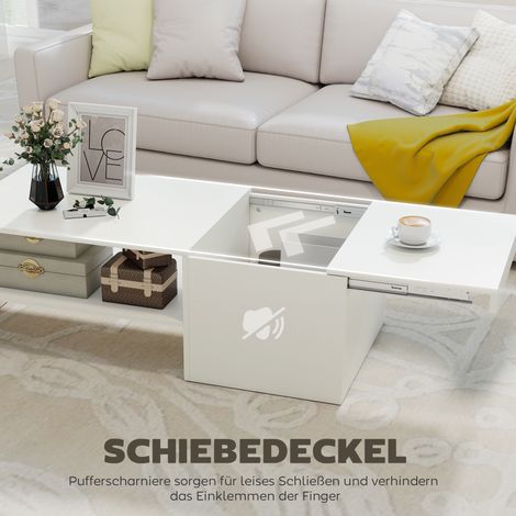 Table basse réglable en hauteur, glissières métal, panneau aggloméré blanc, pieds antidérapants (1/5)
