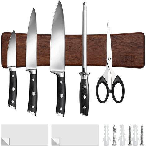 Porte Couteaux Aimanté en Bois avec Aimant Extra Puissant, Barre Magnétique pour Couteaux pour Les Couteaux, Les Ustensiles et Les Outils, 25CM (1/5)