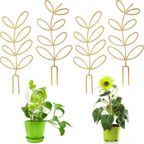 4 petits supports métalliques pour plantes en pot, pour plantes grimpantes, supports en forme de feuille (dorés) (1/5)
