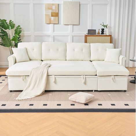U-förmiges Schlafsofa in Beige aus Chenille mit Stauraum, 4-5 Plätze, 266 x 130 x 85 cm (1/5)