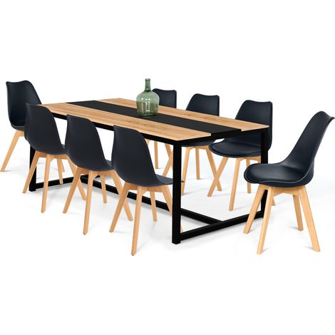 Idmarket – Table de salle à manger rectangle 180 cm – 8 personnes – Structure bois et métal – Design industriel avec bande centrale noire (1/5)