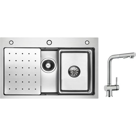 Cecipa Lavello 1 Vasca 70×45 cm con Gocciolatoio, Vaschetta e Dosatore Sapone + Rubinetto Cucina con Doccetta, Miscelatore Estraibile Spazzolato