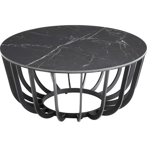 KLODIE - Table Basse Ronde Plateau Céramique Marbré Cadre Métal Gris Anthracite (1/3)