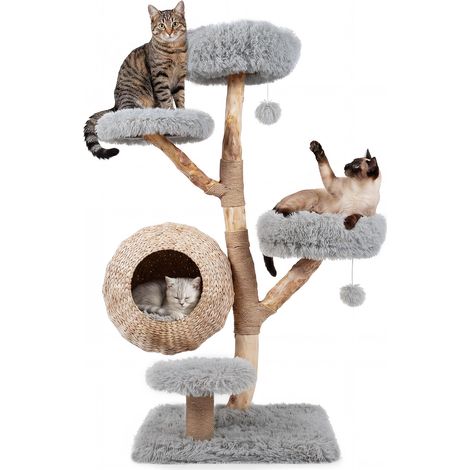 Arbre a Chat en Bois Massif Poirier 134 cm, Tour pour Chat 5 Niveaux avec Griffoirs en Jute, Niche Tressée, Coussins Doux Amovibles, Gris (1/5)