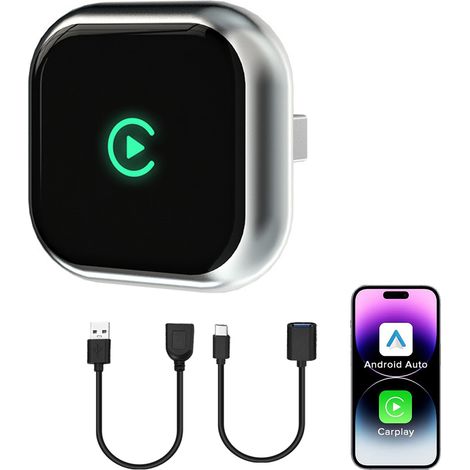 2-in-1 Wireless CarPlay- und Android Auto-Adapter, intelligenter kabelgebundener zu kabelloser CarPlay-Dongle mit USB-zu-USB- und USB-zu-Typ-C-Kabeln, Original-Autoradio-Anschlussbox, Silber (1/5)