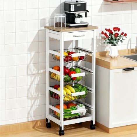 Chariot de service desserte à roulettes multi-rangements 4 paniers métal + tiroir bois de pin 37 x 37 x 82 cm blanc (1/5)