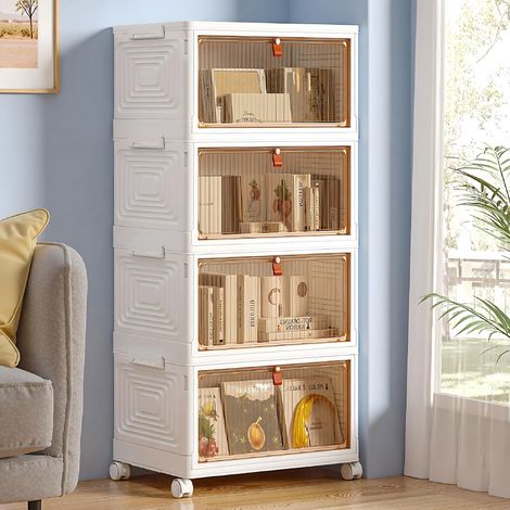 Boîtes de Rangement Plastique Empilable 4 Ètages, Couvercle, Portes Magnétiques Transparentes, roulettes Verrouillables, 23 L par Ètage, Organisateur Multifonction Chambre et Salon, Blanc (1/5)