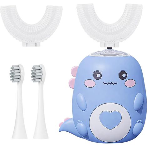 Brosse à dents ultrasonique 360° pour enfants, brosse à dents électrique pour enfants avec 2 têtes de brosse en silicone en forme de U et 2 têtes de brosse souples, brosse à dents électrique pour enfa (1/5)