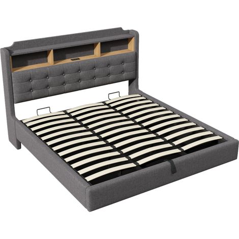 Cama tapizada 180x200 cm gris de lino con arcón hidráulico, LED, USB y Type-C (1/5)