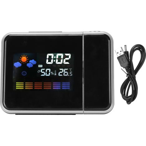 Horloge Murale LED avec Projection Météo, Thermomètre, Hygromètre et Calendrier Perpétuel - Noir (1/5)