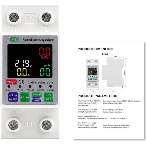 63A Disjoncteur différentiel Wifi Interrupteur protecteur de surtension compteur electrique 2P 220V AC Auto réinitialisation La surtension/sous-tension et la surintensité peuvent être réglées. (1/5)