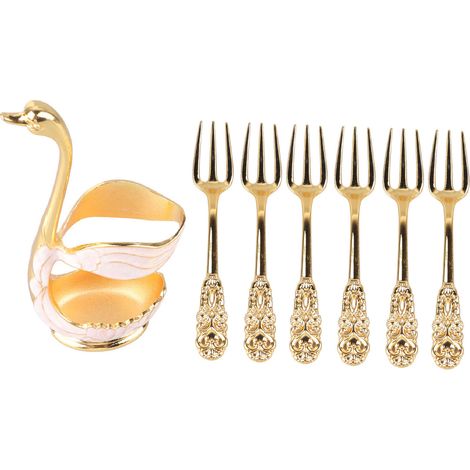 Porte-cuillères à café élégant en forme de cygne, alliage poli miroir, détails riches, support pour agitateurs, pour fête, café, bureau, or blanc avec fourchette (1/5)