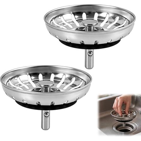 2 Pieces 79/80 mm Kitchen Sink Stoppers, Universal Kitchen Sink Stoppers, Kitchen Filter with Adjustable Pin, Stainless Steel Kitchen Sink Strainer with Grid and 2 Replacement Gaskets (1/5)