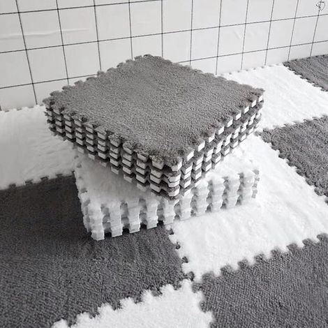 Lot de 10/20 dalles de moquette emboîtables en mousse - Motif puzzle - 30 x 30 cm - Avec bordure - Pour salon et chambre à coucher - Gris + 10 pièces blanches (1/5)