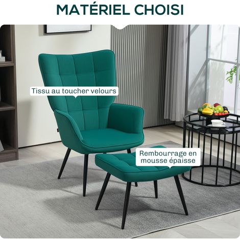 Fauteuil relax repose-pieds scandinave métal noir velours vert