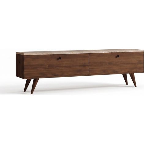 Meuble TV en bois "Paris 140" - 140 x 25 x 40 cm - Noyer / Travertin