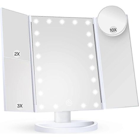 Miroir de courtoisie à trois volets avec grossissement et éclairage (1/5)