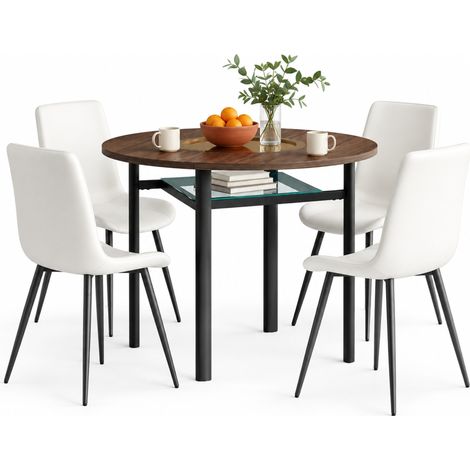 ELVMI Ensemble Table et Chaises avec 1 Table Ronde et 4 Chaises, Verre, Métal et Similicuir, Marron, Noir et Blanc (1/5)
