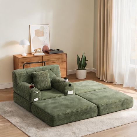 Fauteuil convertible en velours côtelé vert avec pouf en corduroy (1/5)