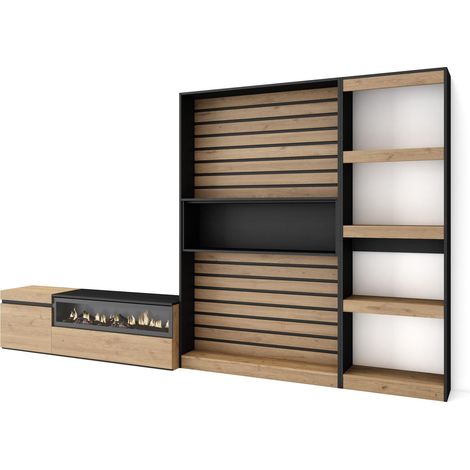 Skraut Home - Muebles de Salón para TV, Conjunto de muebles comedor, 320x186x35cm, Chimenea eléctrica, Estilo Moderno, Roble y negro (1/5)