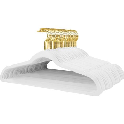 Set mit 36 Samtkleiderbügeln, 45 x 23 cm, rutschfest, mit Schulterkerben für Erwachsene, weiß (goldener Haken)