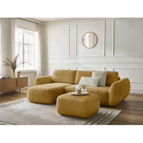 BOBOCHIC - Canapé d'angle convertible DENISE tissu texturé avec pouf Angle gauche Jaune (1/5)
