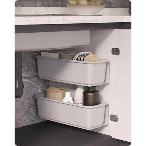 Lot de 2 paniers coulissants pour meuble de salle de bain, tiroirs coulissants sous lavabo, paniers de rangement muraux coulissants (gris) (1/5)