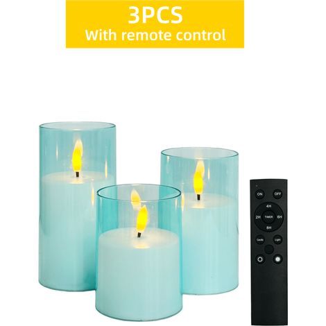 Lot de 3 bougies LED sans flamme bleu clair printemps été édition limitée, avec télécommande et minuterie, piles non incluses, style frais, pour mariages, Halloween, Noël, fêtes du printemps (1/5)
