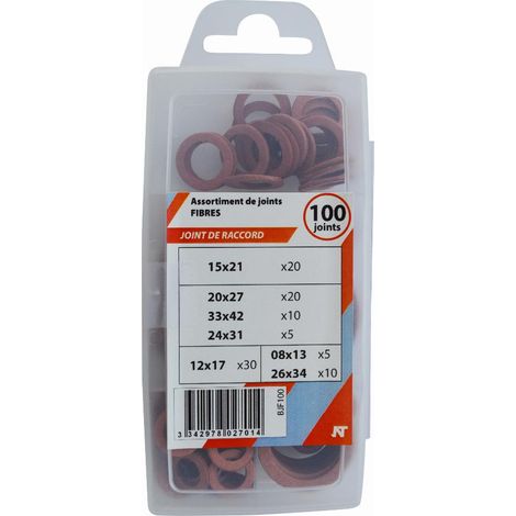 Broschierbare Box mit 100 Faserdichtungen für Fittings: 5x1/4 + 30x3/8 + 20x(1/2' NOYON & THIEBAULT - 3/4' (20x27)) + 10x(1' - 1'1/4) + 5x24 - BJF100
