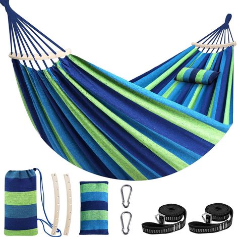 Hamac pour Support 300 x 150 cm Hamac en Coton Doux pouvant Supporter jusqu'à 300 kg Hamacs Portables pour Arbres avec Barre d'écartement Amovible Oreiller 2 Sangles Solides 2 mousquetons (1/5)