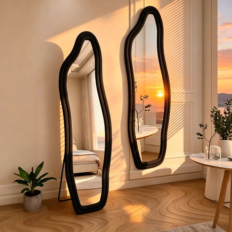 Miroirs pleine longueur 160 x 50 cm-Miroir de sol sur pied-Miroir forme dauphin-Miroir de Sol-Grand Miroir sur Pied-Velours noir-Pour chambre à coucher, salon, entrée (1/5)