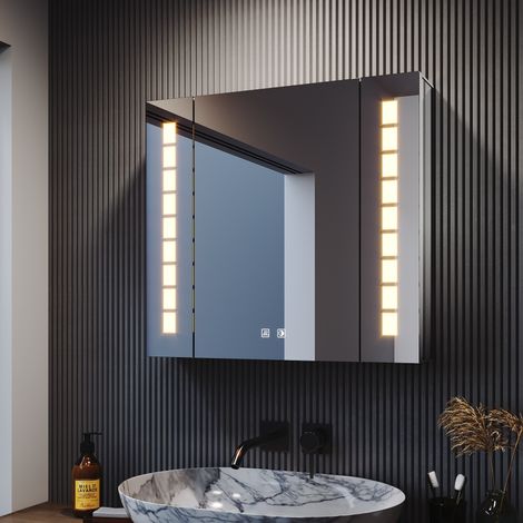 SONNI Aluminium Spiegelschrank mit LED Beleuchtung mit 3 Lichtfarben Dimmbar und Beschlagfrei Drahtloses Scharnier & Softclose Scharnieren 65x60cm