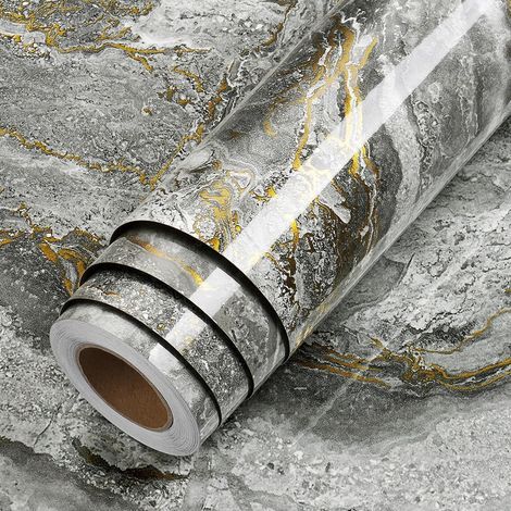 Papier Adhesif pour Meuble Effet Marbre Vinyle Adhésif Gris Foncé Or 40 cm x 200 cm Revêtement Adhésif Meuble Cuisine 0 virgule 8 m (1/4)
