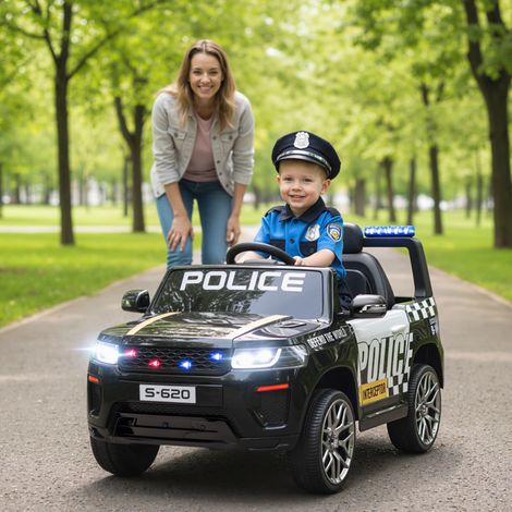 Voiture de police électrique pour enfants avec télécommande, double moteur, sirène, suspension 4 roues et phares - Noire