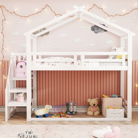 Cama altillo infantil de 90x200 cm, cama cabaña con escalera de seguridad y base de láminas, de madera, sin colchón, blanco (1/5)