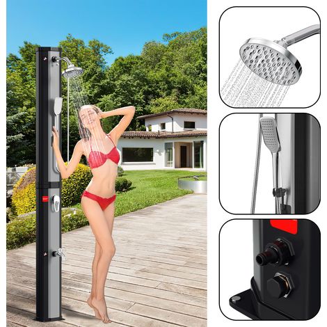 Randaco Ducha solar para jardín de 60 l con funda protectora, ducha de mano y tapón de desagüe: columna para jardín, piscina y camping en color plateado