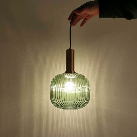 Lustre Intérieur Luminaire Suspension Industrielle Suspendus Modernes Douille E27 Abat Jour Plafond Suspension En Verre À Rayures (Vert, M 20cm) (1/5)