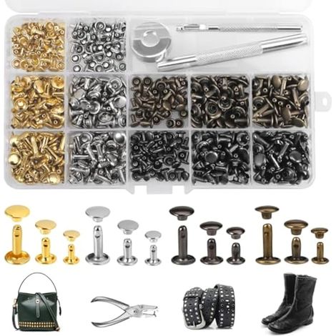 Huiguli 240 Pièces Rivets pour Cuir, 3 Tailles Pince à Rivet Métal avec Outil de Fixation, 12mm 8mm 6mm, Double Casquette Rivets Cuir Set pour DIY Cuir Artisanat Vêtements Chaussures, 4 Couleurs