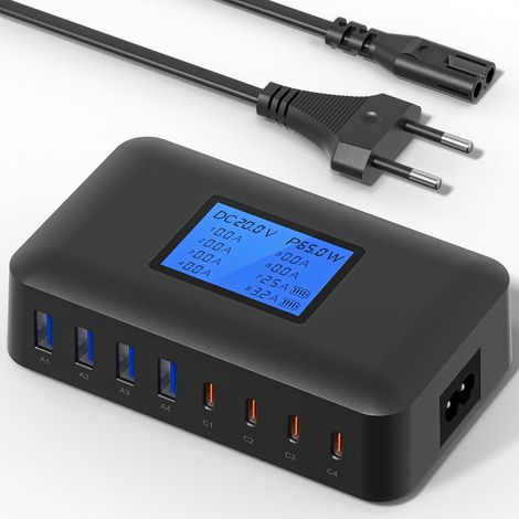 200W Chargeur USB C Multiple, 8 Ports USB C Chargeur Rapide PD 65W, Station de Charge USB avec écran LCD, Adaptateur de Charge pour 16/15/14/13 Pro/Max S24/S23 - Noir (1/5)