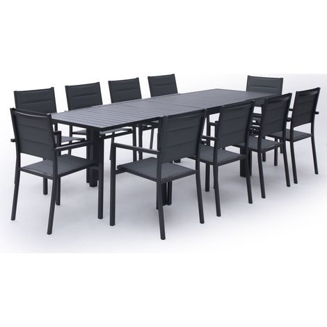Happy Garden – Ensemble table et chaise de jardin extensible 10 places – Structure aluminium anthracite – Chaises en textilène gris empilables