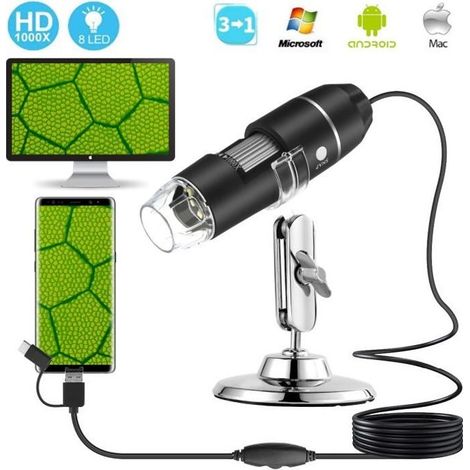 50-1000X Zoom USB Microscope Numérique 8LED Endoscope, Microscope numérique portatif USB X1000 caméra à microscope à 8 LED 3 en 1-Ywey (1/4)
